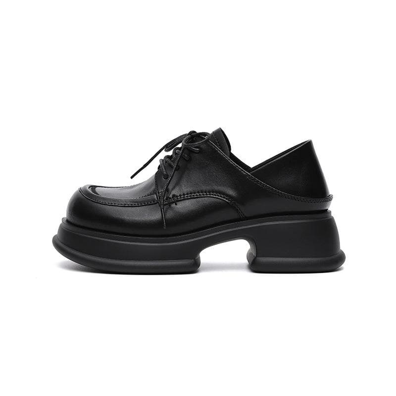 Vintage Round Toe Lace-up Plush Loafers with A Foot of British Style Heightened Platform Small Leather Shoes Versatile Women's Shoes 40 black