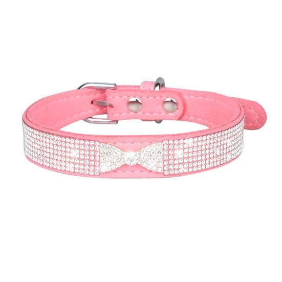 Pet Dog Collar Faux Crystal Bow-knot Design Dress-up Adjustable Inlaid Rhinestone Pet Dog M pink