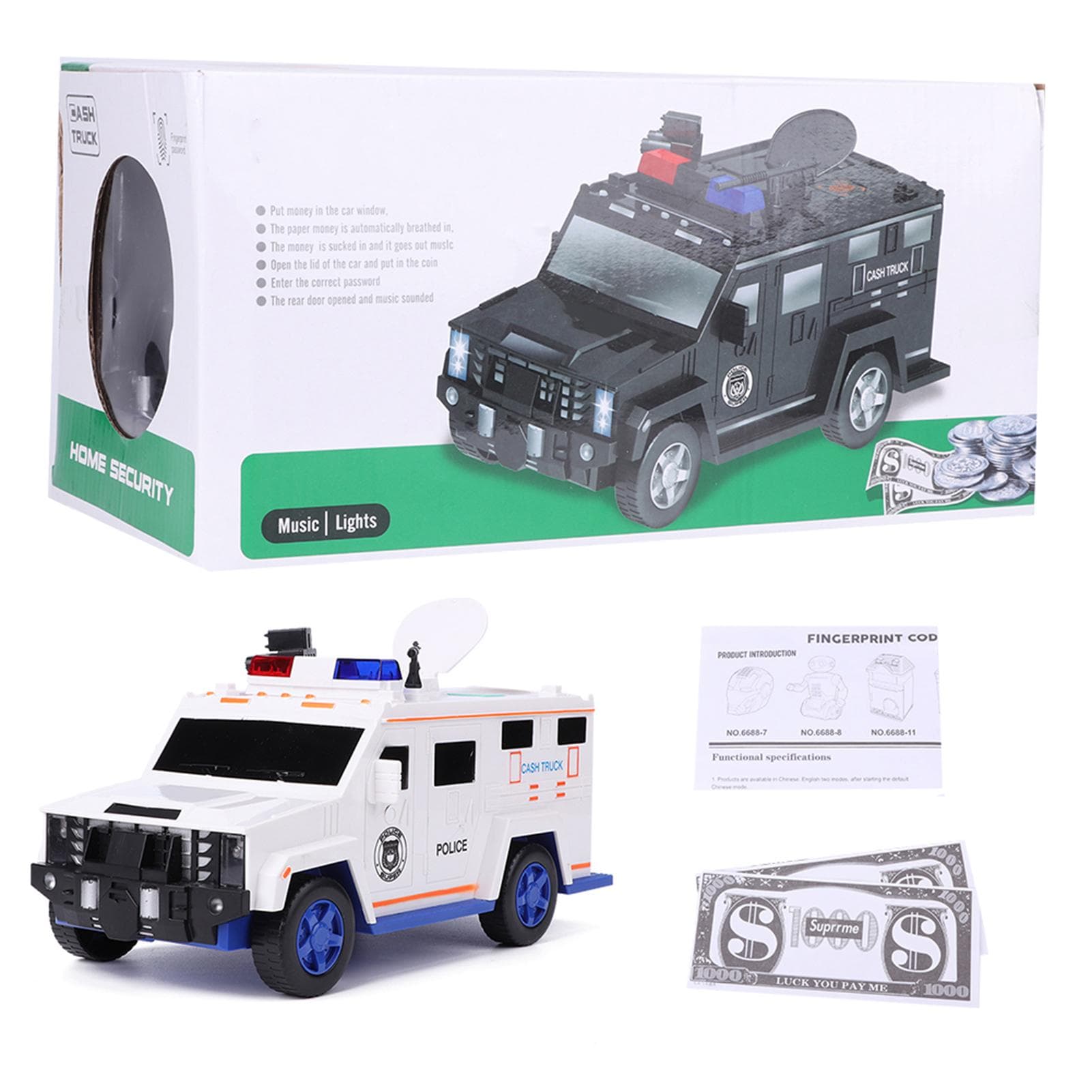 Cash Truck Money Box Fingerprint Password Electronic Automatic Coins Saving BoxWhite
