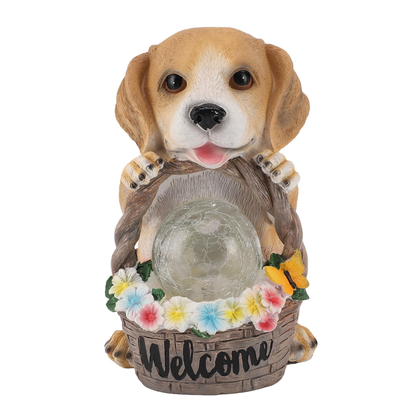 Solar Powered LED Light Dog Statue Decoration Solar Powered Puppy Dog with Flower Basket for