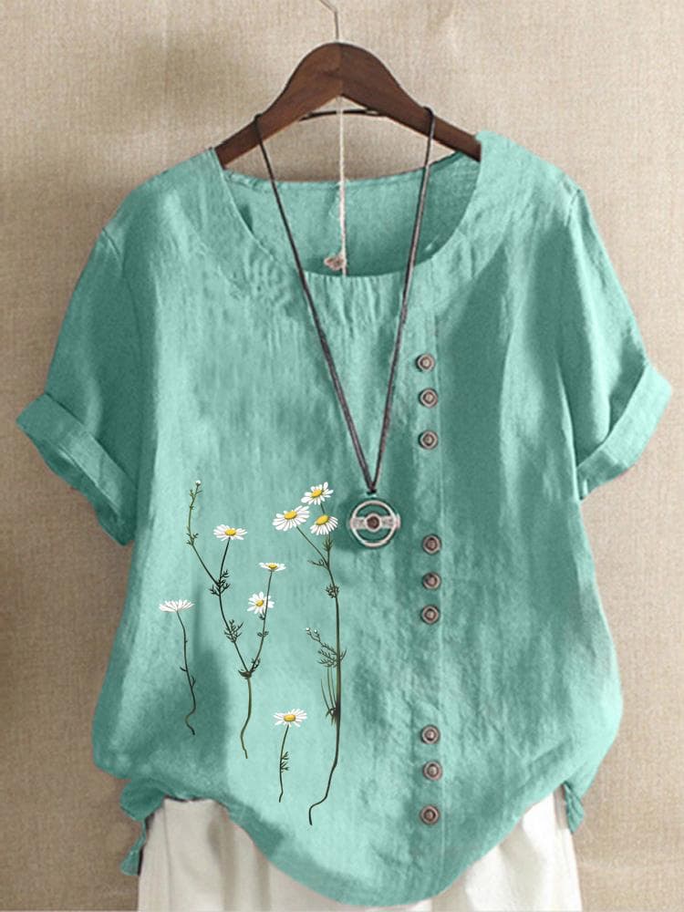 Cotton and Linen Printed T Shirt Tops Women's Summer Loose T Shirt Shirts XL lake blue