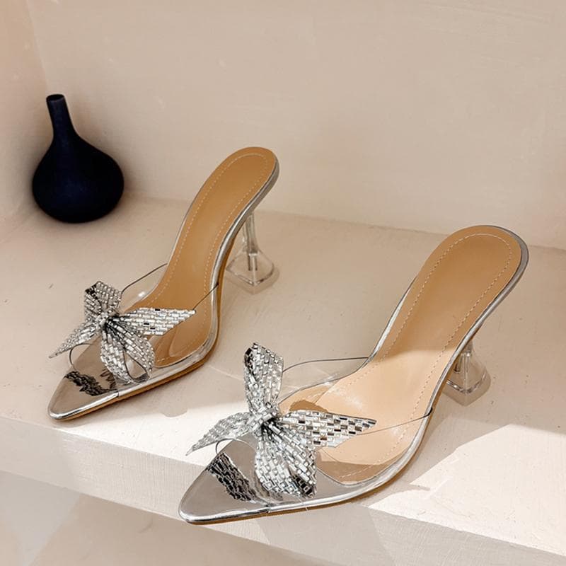 PVC Transparent Slippers For Women Fashion Rhinestone Bowknot High Heels Female Mules Slides Summer Clear Shoes Sandals 35 silver