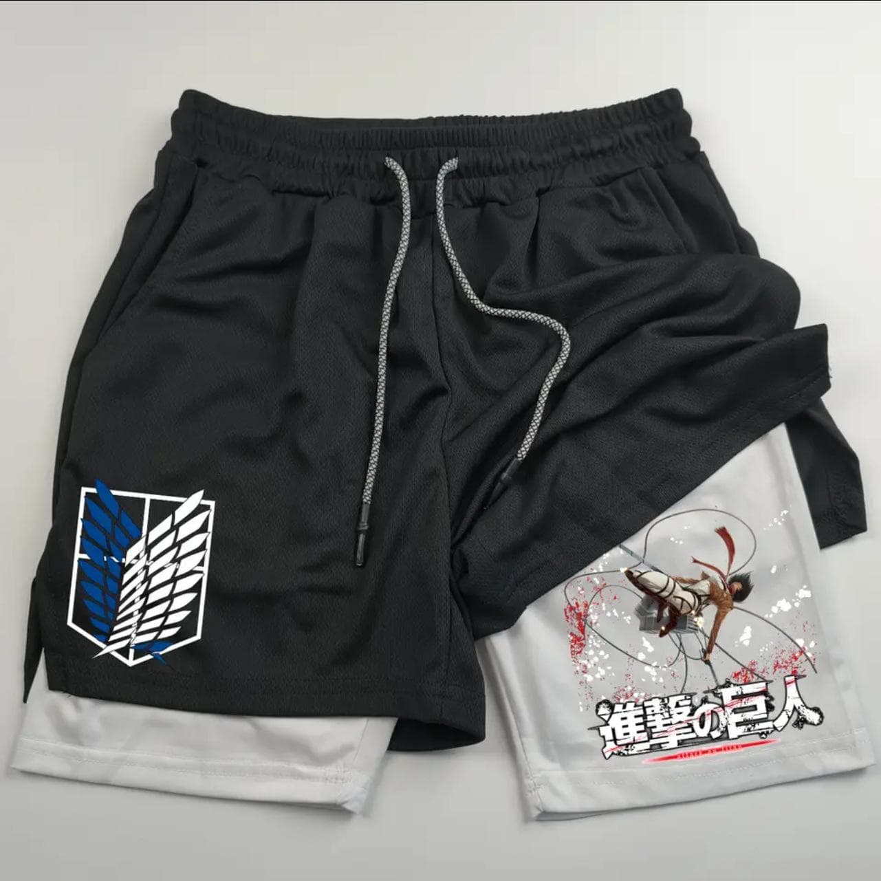 Anime Attack on Giant Print Men's Two-in-One Double-Level Sports Fitness Casual Shorts M