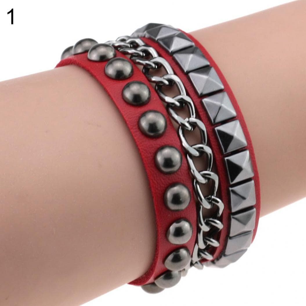 Women's Layered Punk Rock Rivet Bracelet Studded Faux Leather Metal Chain Bangle red
