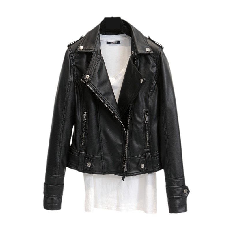Spring and Autumn New Style Slim Lapel Leather Jacket Women's Short Jacket Women's Pu Jacket Motorcycle Wear Women's Clothing 4XL