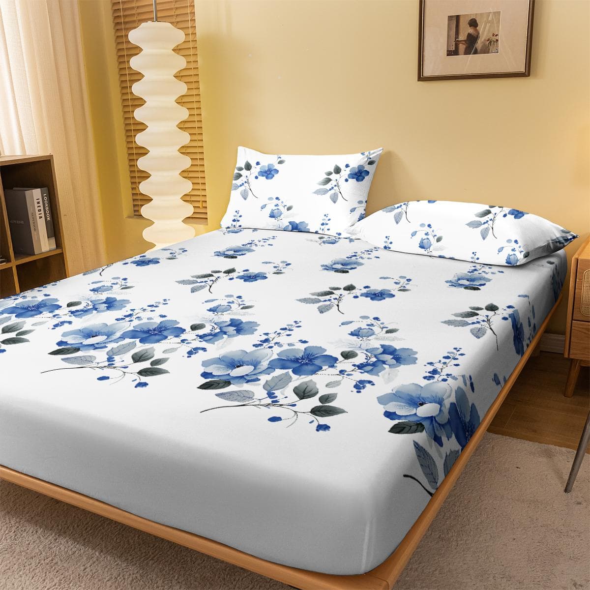 1 Simple Modern Plant Flower Printed Matte Fitted Sheet, Bedroom Printed Bed Cover, Bedding (Excluding Pillowcases) 100x200cm