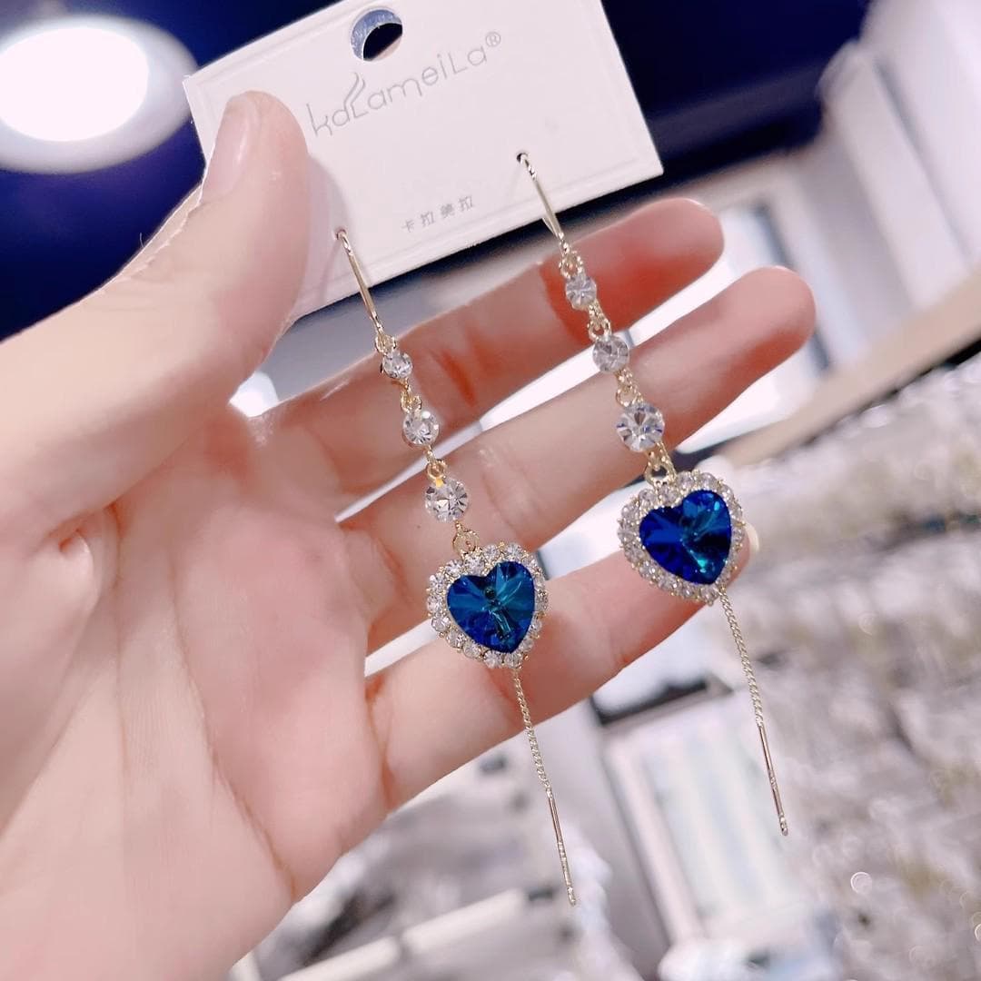 Elegant Blue Crystal Love Earrings for Women – Long, Luxurious Design