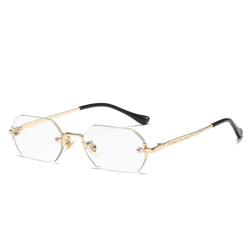 Rimless Rectangle Sunglasses UV400 Gold Metal Frame Small Men Women Blue Shades As picture
