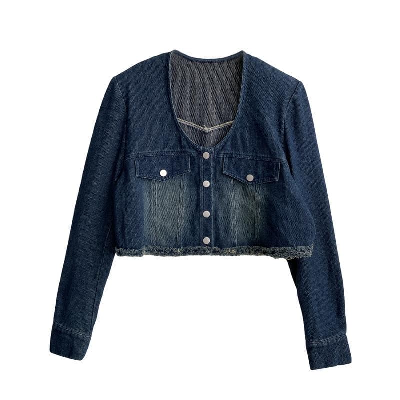 Xiaoxiangfeng Blue Denim Jacket for Women Autumn Retro U-neck Top M blue