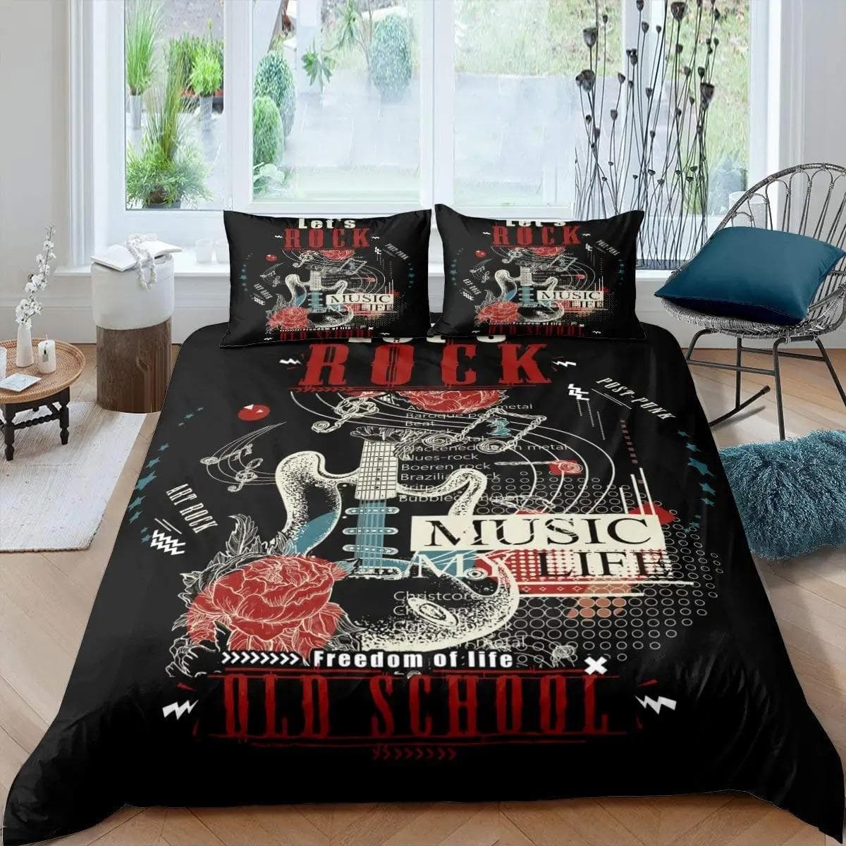 Guitar Bedding Set Punk Rock Music Duvet Cover Set For Kids Teens Boys Young Man Rotating Musical Instrument Comforter Cover 175X220cm-3pcs