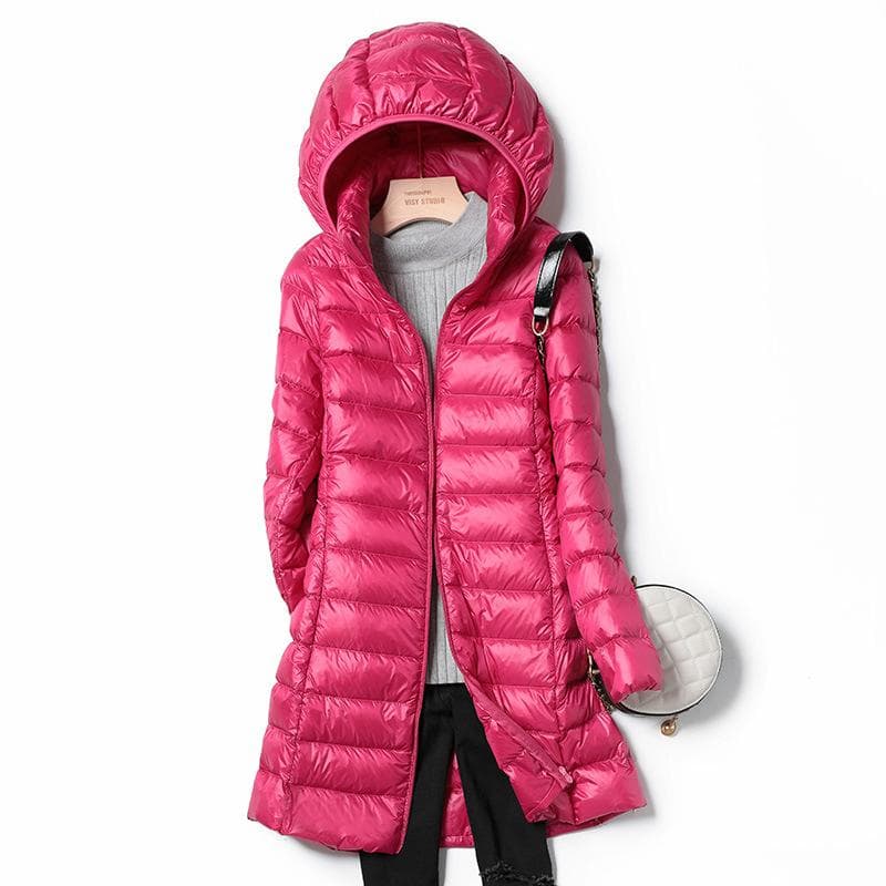 Women Fall Winter Stand Collar Hooded Solid Color Zipper Long White Duck Down Jacket S-7XL 5XL rose red