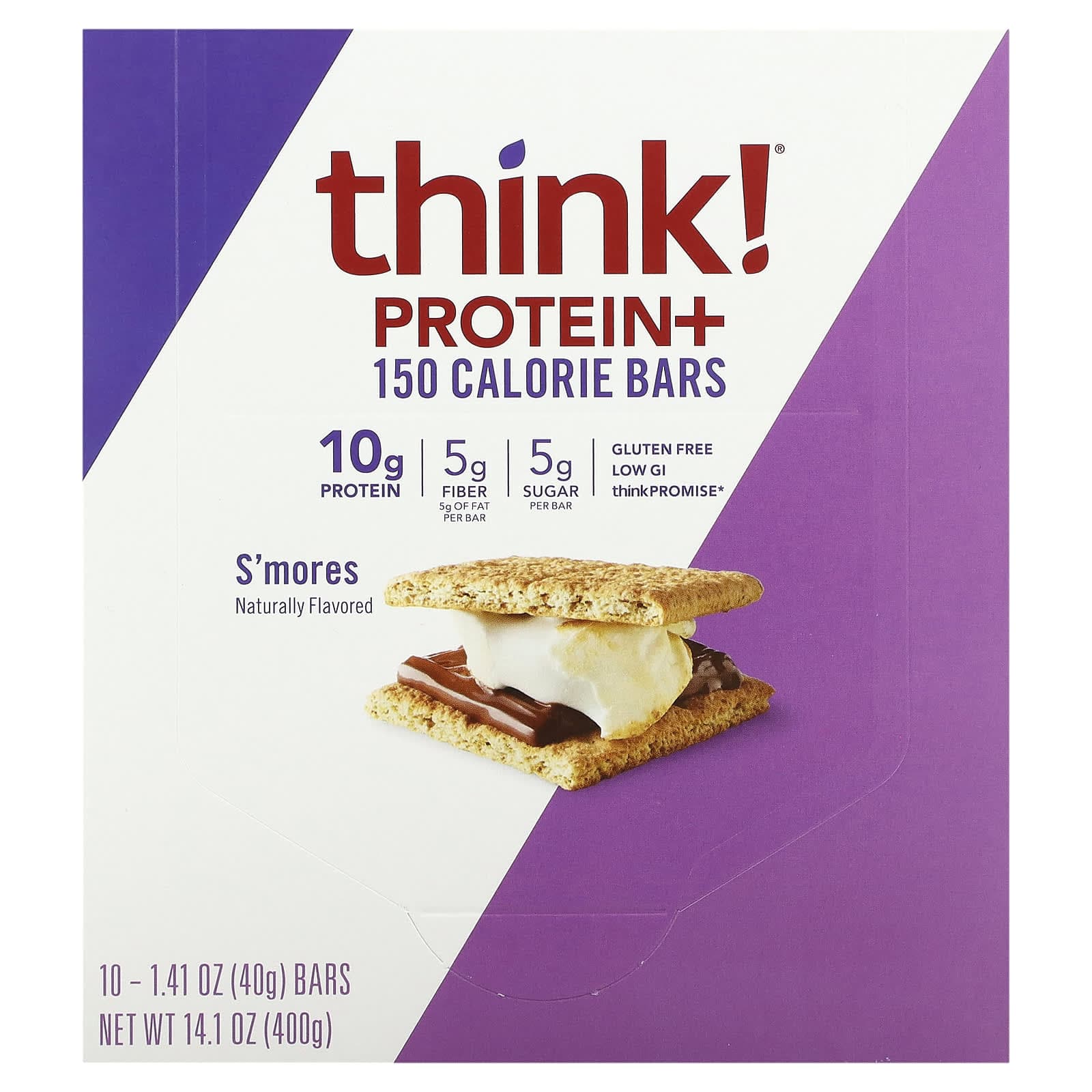 Think!, Protein & Fiber Bars, S'mores, 10 Bars, 1.41 oz (40 g) Each