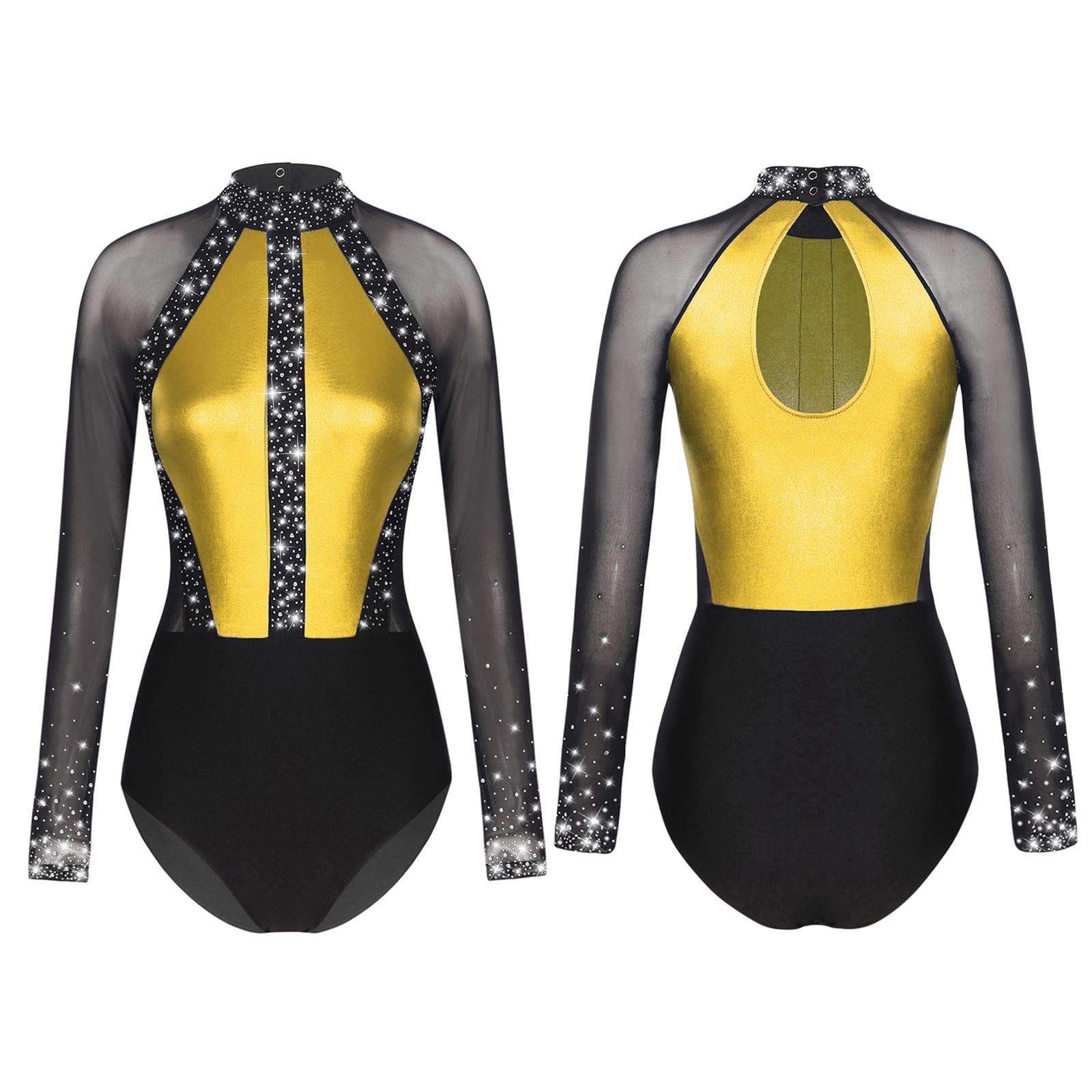 Women's Rhinestone Ballet Gymnastics Dance Leotard Bodysuit Long Sleeve Figure Skating Dance Costume S gold