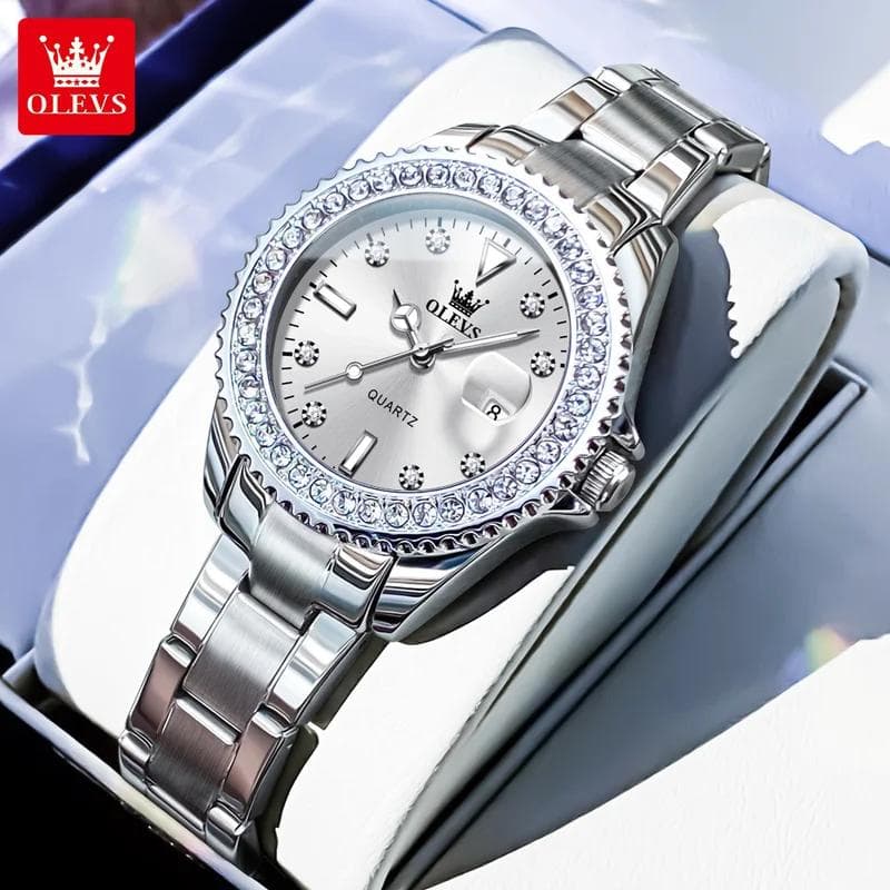 OLEVS Women's Watches Elegant Full Diamond Dial Solid Stainless Steel/Leather Auto Date Waterproof Quartz Watch for Women white