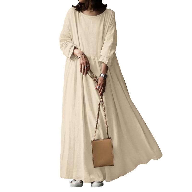 ZANZEA Women Casual Long Sleeve O-neck Loose Cotton Plain Long Dress S beige