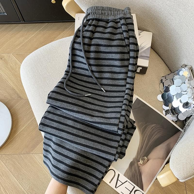 Striped Wide-leg Pants Women's Spring Threaded Drawstring Soft Waxy Slim Straight Casual Pants XL dark gray