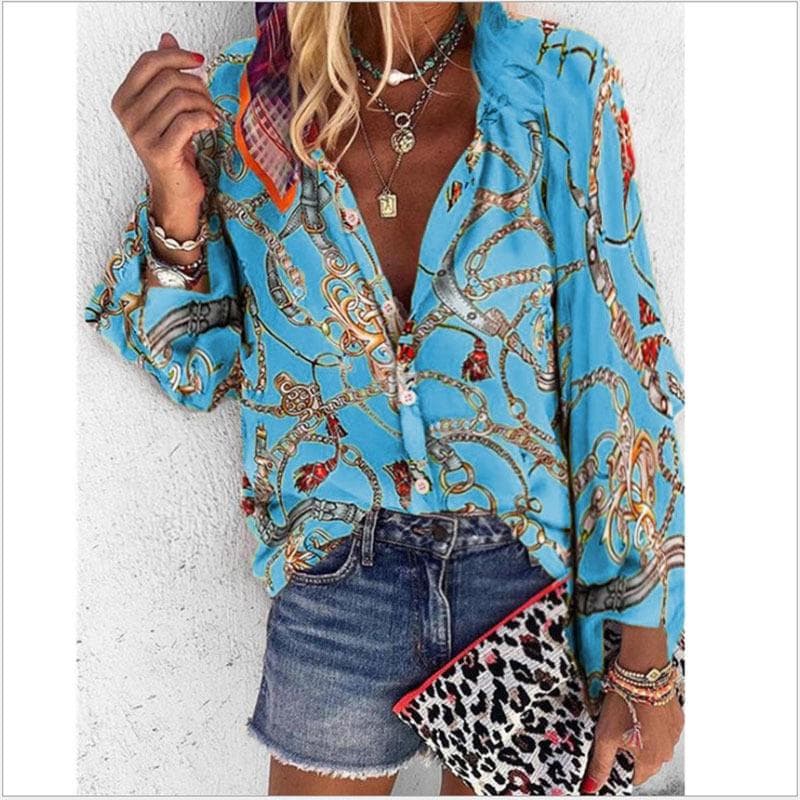Women's Autumn/Winter Multi-Color Chain Print Stand Collar Long Sleeve Shirt 3XL blue