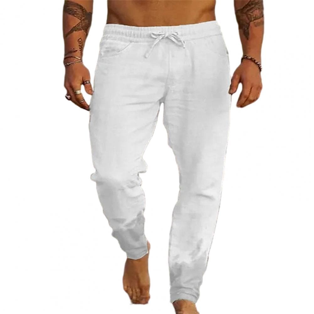 Men Pants Drawstring Elastic Waist Solid Color Pockets Loose Casual Thin Soft Quick Dry Ankle Length Men Daily Beach Trousers L white
