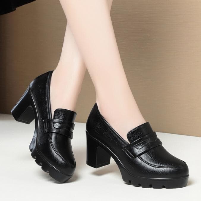 Comfortable Deep Mouth Soft Leather Anti-slip Shoes Platform Spring 2025 Women's Block Black High Heels Office Mother Shoes 40