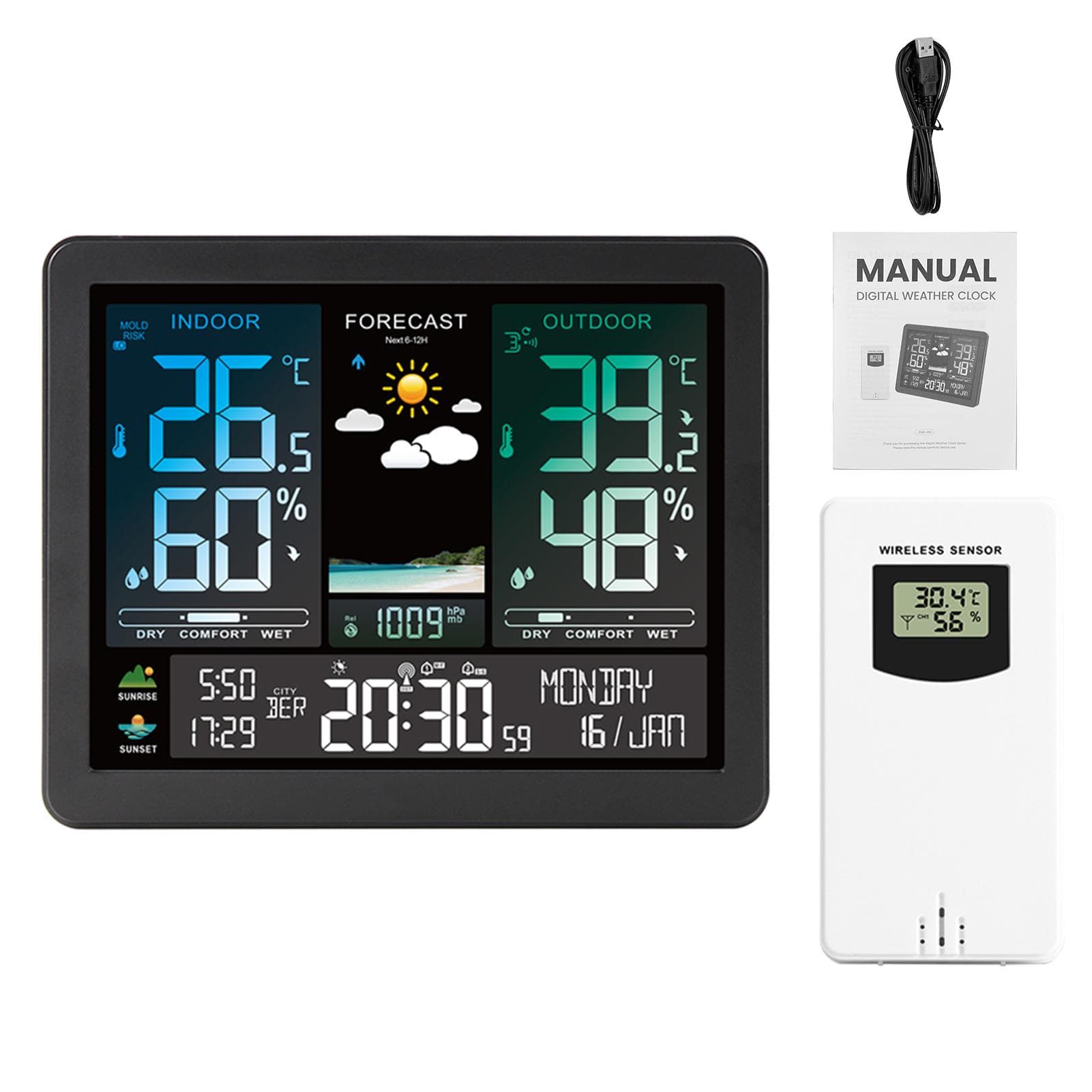 Multifunction Professional Electronic Weather Station Intelligent Color Screen Clock Temperature black