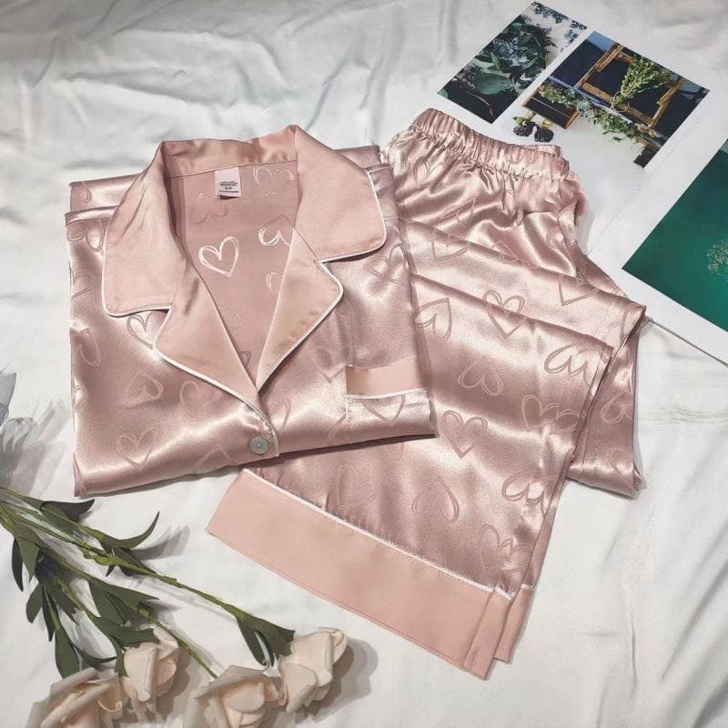 Girls' Artificial Ice Silk Pajamas Women's Long Sleeve Lace Green High-Quality Two-piece Sweet Home Clothes XL pink