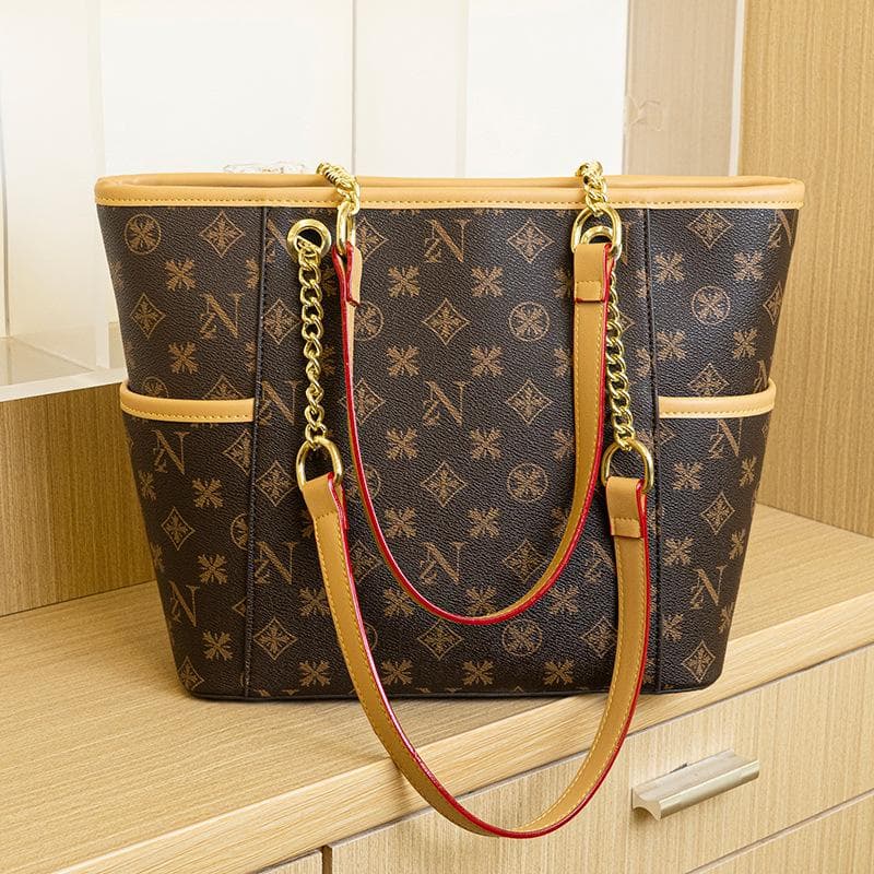 Commuter Women's Trendy Large-capacity Shopping Bag, Fashionable and Versatile Printed Handbag, Underarm Chain Retro Tote Bag khaki