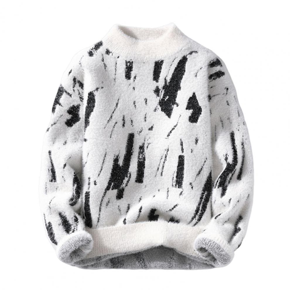 Men Winter Sweater Contrast Color Graffiti Thick Plush Half-high Collar Elastic Knit Long Sleeves Daily Wear School Dating Sweat M white