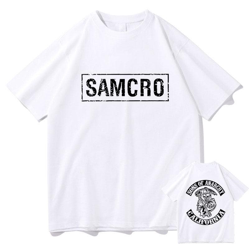 Sons of Anarchy SAMCRO Double Sided Print Tshirt Men Womnen Fashion Hip Hop Rock Tees Short Sleeve Summer Cotton T Shirts Tops 3XL white