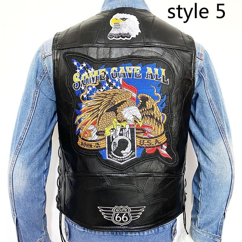 Club Genuine Leather Harley Tank Top Men's Plus Size Sheepskin Motorcycle Embroidered Leather Vest XXL
