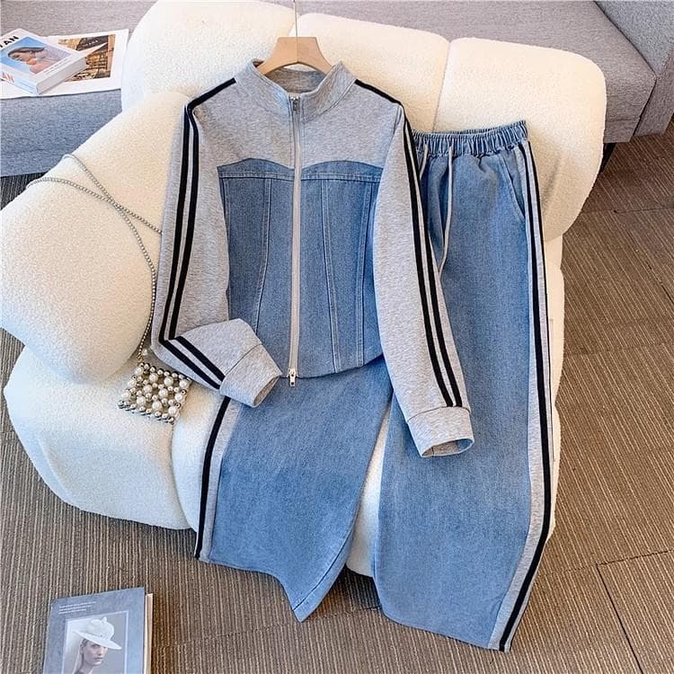 Women Preppy Style Patchwork Contrast Denim Sets Stand Collar Zipper Jackets Coats Elastic Jeans 2 Piece Suit Streetwear Comfort XL grey