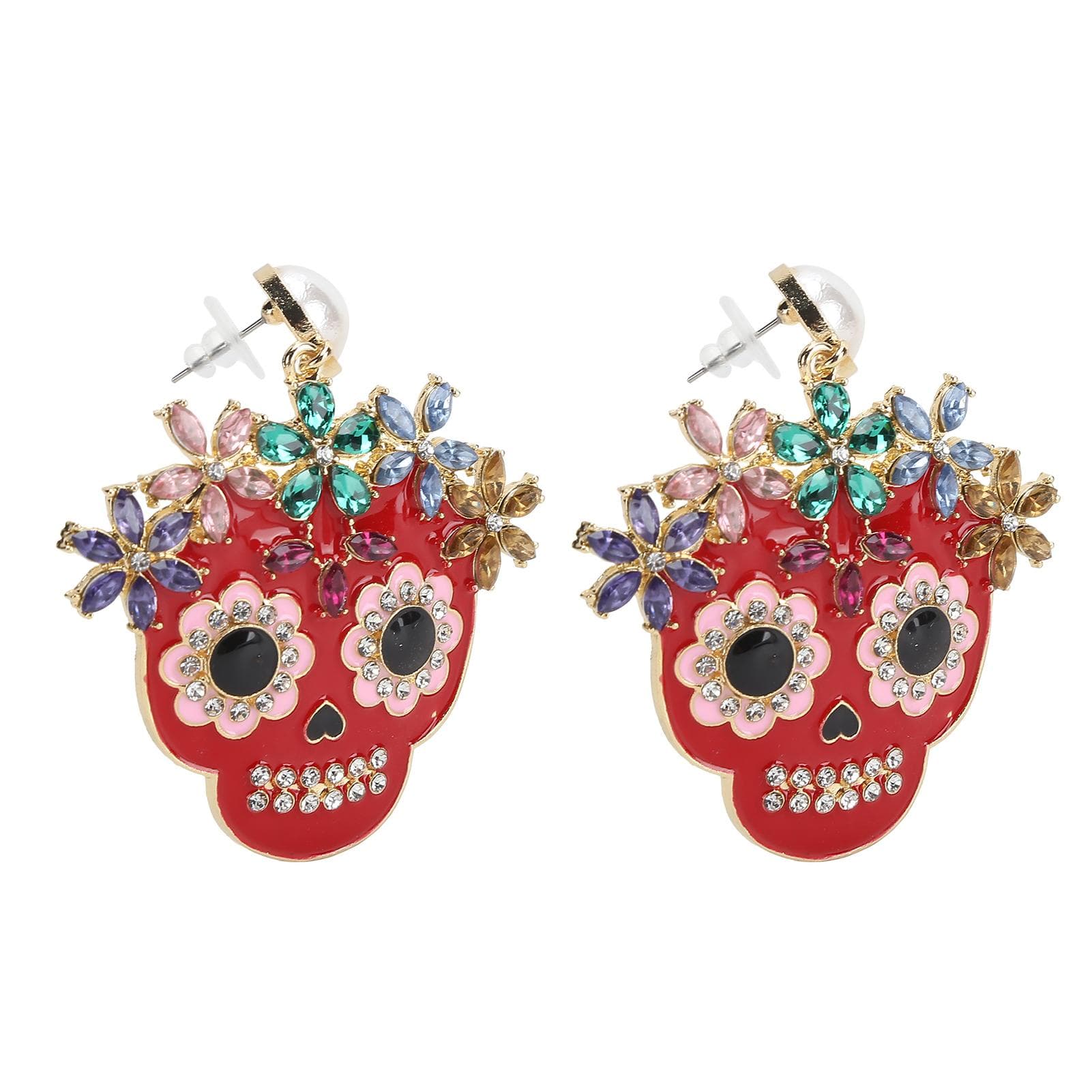 Skull Earrings Exaggerated Style Rhinestone Ear Studs Ladies Alloy Ear Loop for Daily Dress Up red