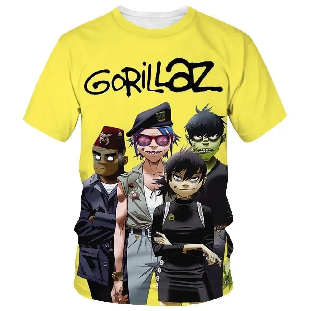 From cartoon to fashionable Gorillaz 3D printed new T-shirt, Harajuku style casual short sleeved hip-hop T-shirt for men and women, street T-shirt S yellow