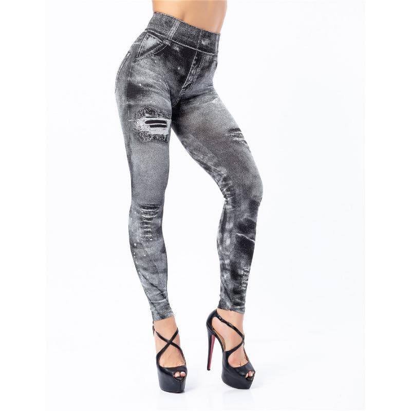 Women Plus Size Pencil Pants Imitation Jeans Denim Pants High Waist Leggings Casual XL grey