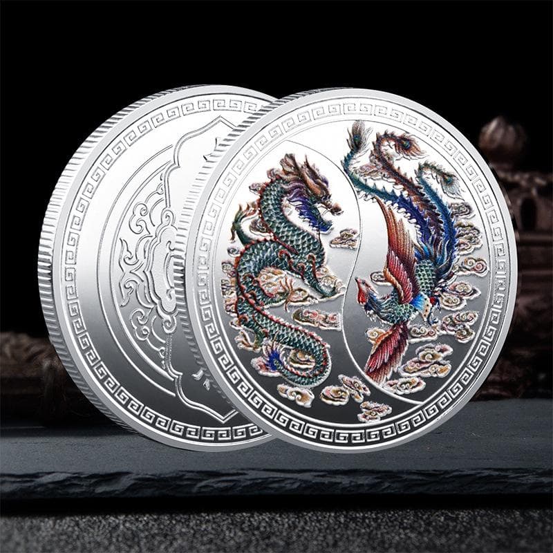 Dragon and Phoenix Auspicious Commemorative Coin, Dragon and Phoenix Plating Gold and Silver Chinese Auspicious Culture Commemorative Medal Gift