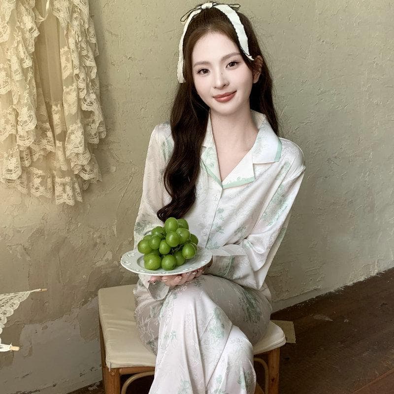 New Jacquard High-end Ice Silk Pajamas Women's Spring and Autumn Light Luxury Lazy Style Outer Wearing Home Clothes Suit XXL beige