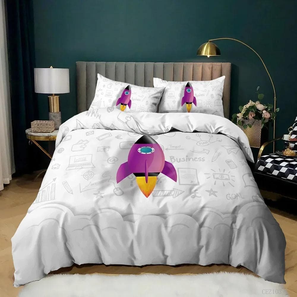 3D Cartoon Duvet Cover Set Science Fiction Space Themed with Earth and Rocket,Decorative Bedding Set,Queen Size Quilt Cover 70x133cm 2pcs