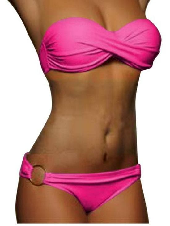 Trendy European & American Sexy Split Solid Color Bikini with Double Ring Accent Medium rose red