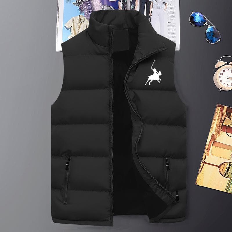 Men's Polo printed sleeveless jacket Men's autumn and winter warmth windproof British style down vest M-5XL 3XL black