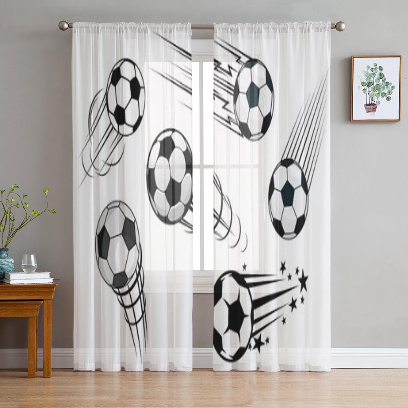 Speeding Footballs Soccer Balls Black white Chiffon Sheer Curtains for Living Room Bedroom Decor Window Voiles Tulle Curtain 135W x 137H(cm)