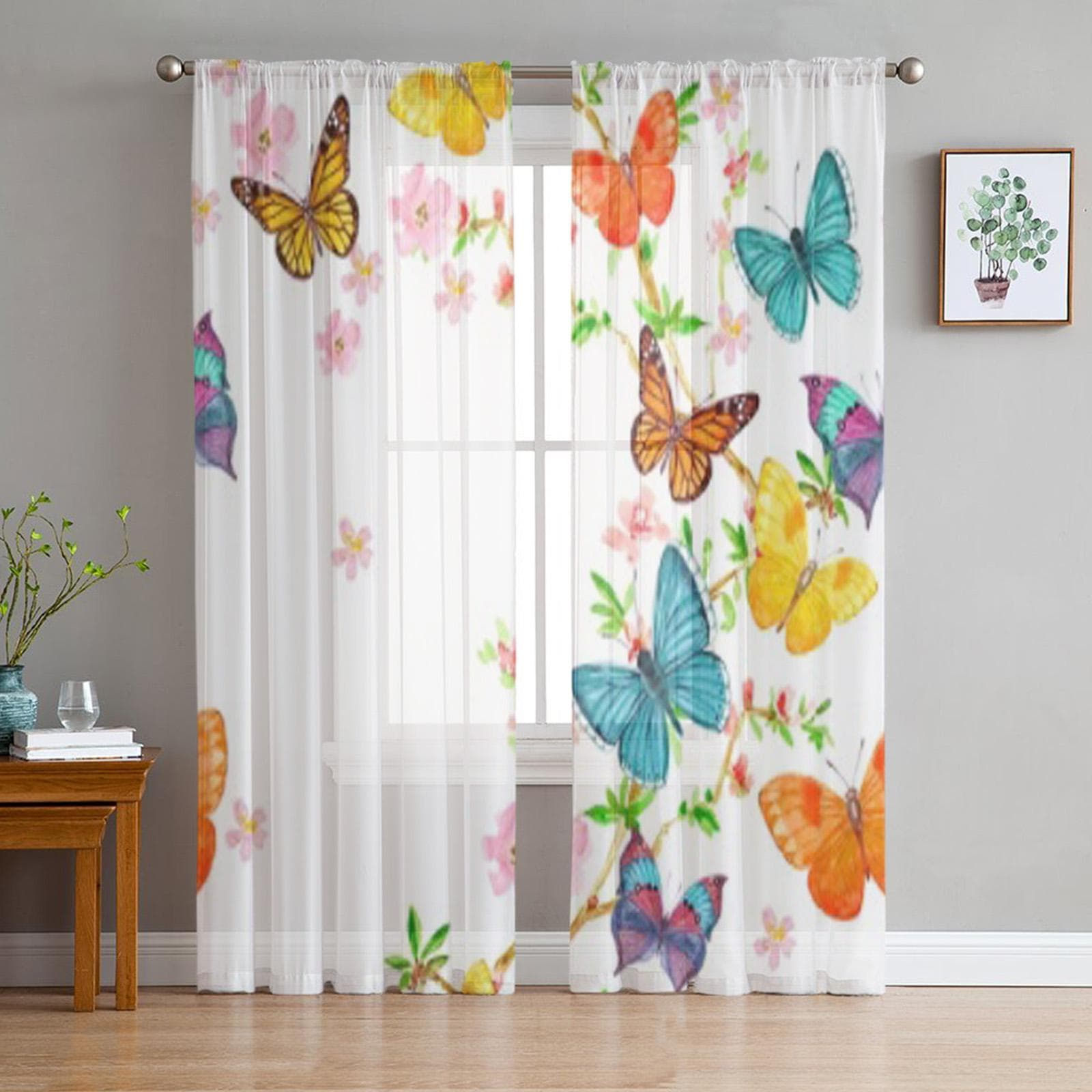 Cute Butterfly Flying Over Almond Blossom Chiffon Sheer Curtains for Living Room Bedroom Decoration Window Voiles Tulle Curtain 135W x 114H(cm)