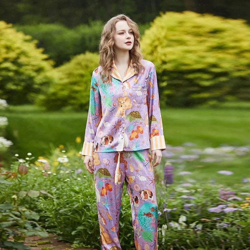 New Pajamas Women's Home Wear Lapel Long-sleeved Trousers Spring and Autumn Satin Ice Silk Suit XL