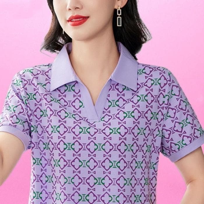Printed POLO Shirt for Women In Summer New Fashionable Mother Summer Slim Top for Women 3XL purple