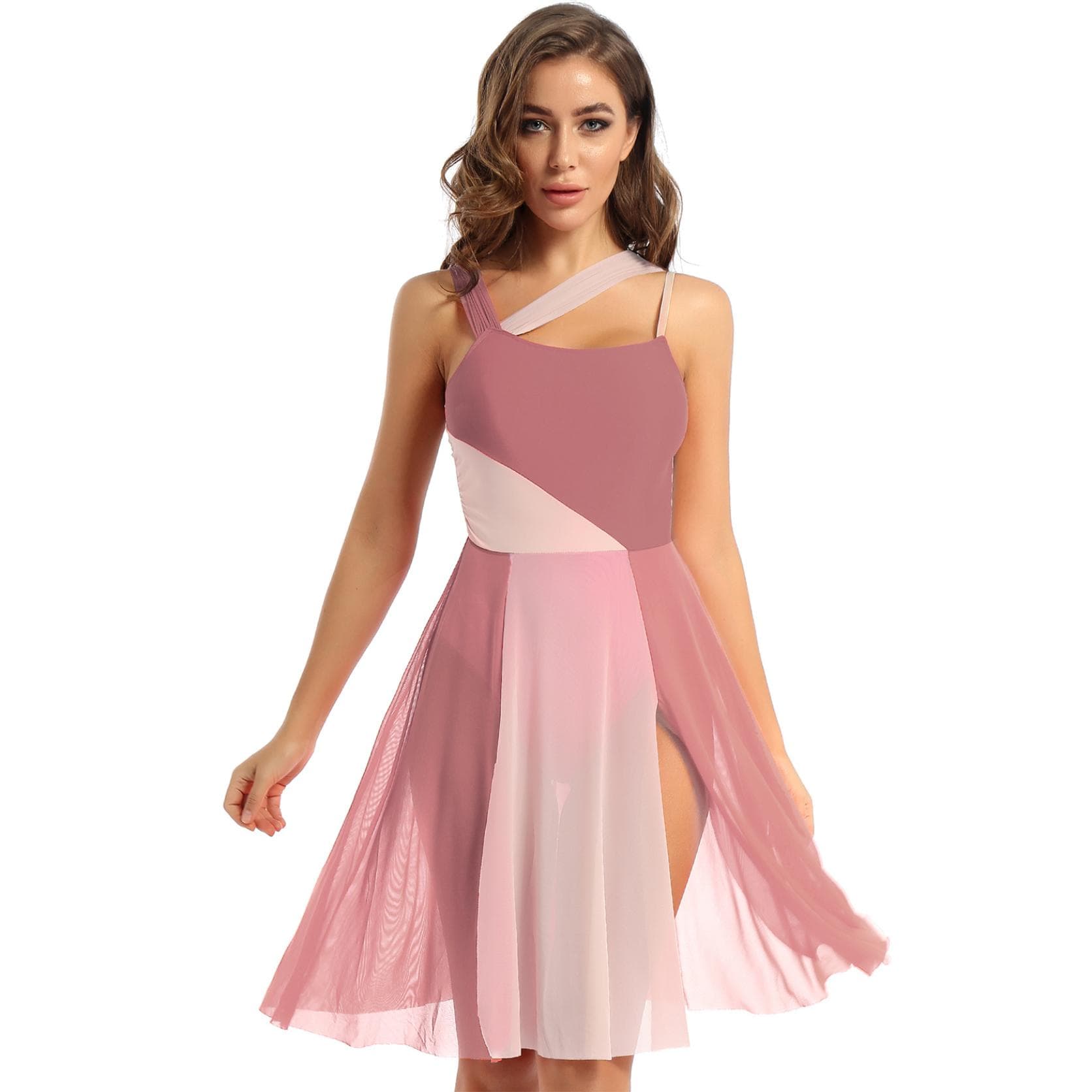 Sleeveless Color Block Ballet Dance Gymnastic Bodysuit Mesh Overlay Ballet Contemporary Dance Dress Lyrical Leotard Performance Costume M brown