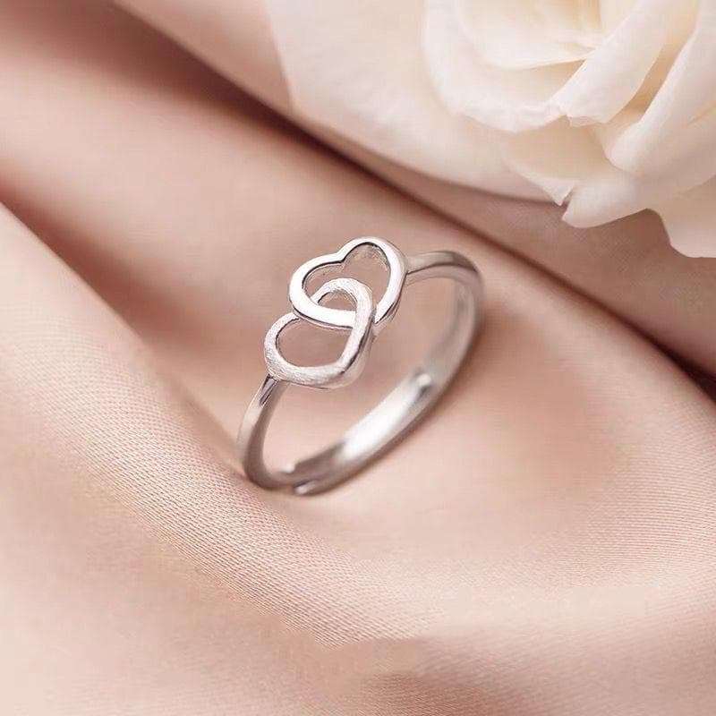 925 Sterling Silver Women's Ring - Frosted Heart Interlocking Design, Simple Glossy Love, Open Adjustable Fit, Elegant and Sweet Style Adjustable Opening