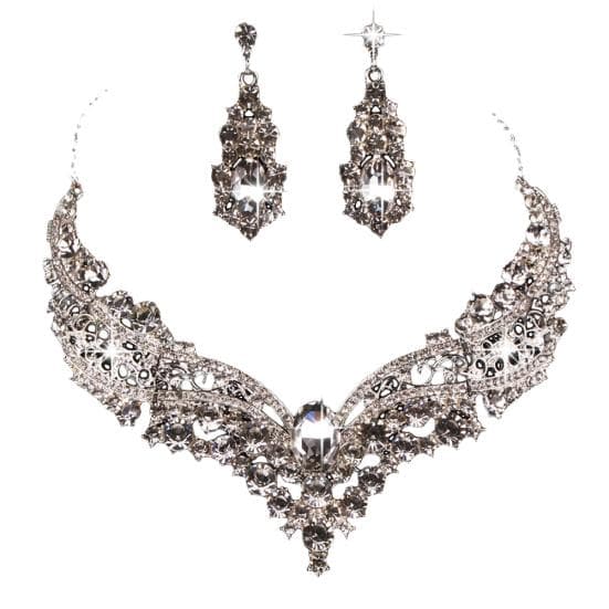 Wedding Bridal Queen Style Fully Shiny Rhinestone Necklace Earrings Jewelry Set silver