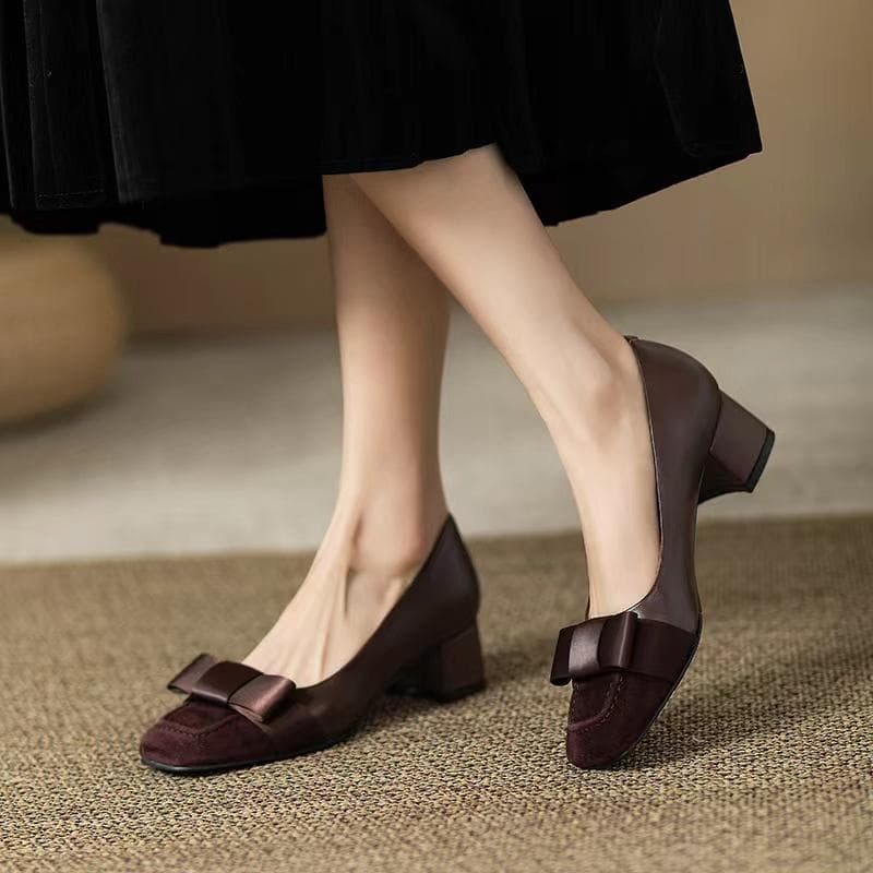 New Fashion Square Head Shallow Bow Tie Single Shoes for Women Comfortable Apricot Thick Heels Ladies Shoes Zapatos Mujer 39 chocolate