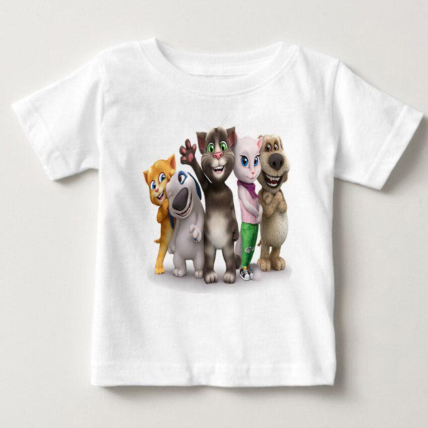 Cartoon Printed Children Summer Cotton T Shirt Talking Cat Game Boy Girl Tops Breathable Comfort Tsh 130 white