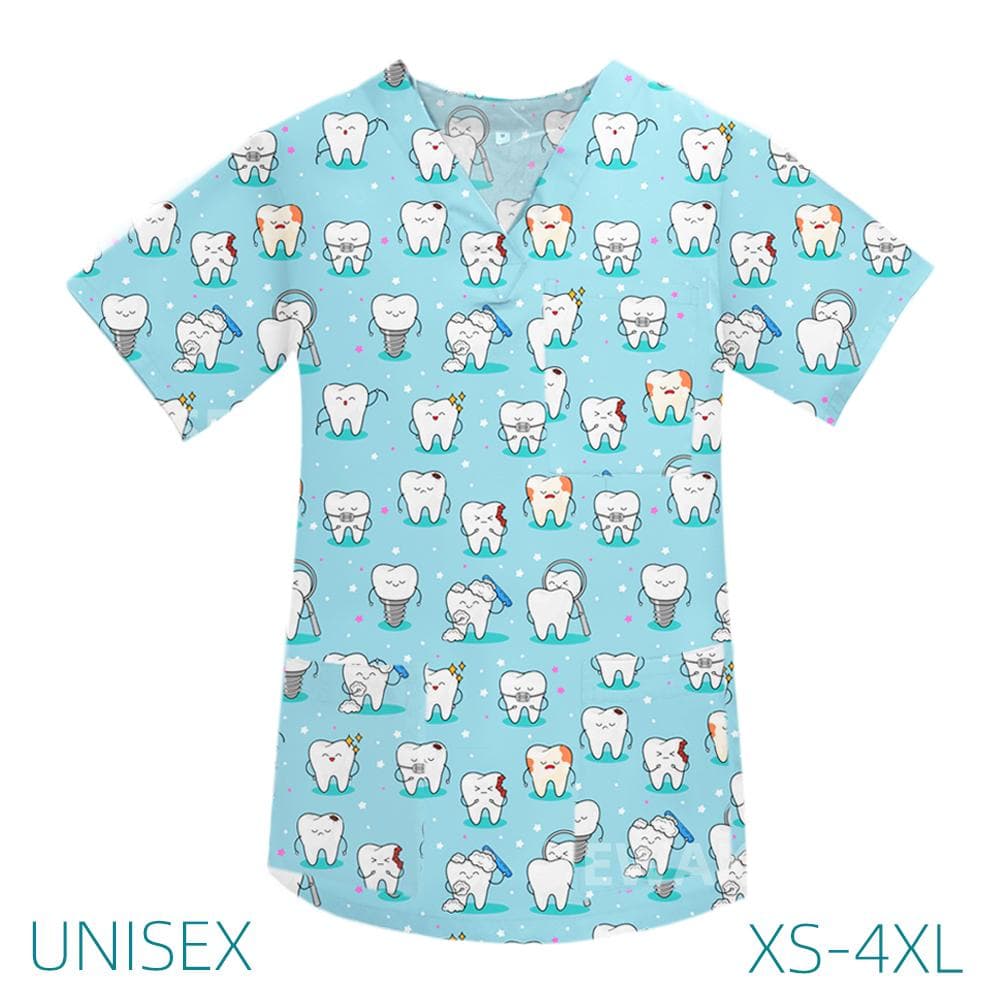 Hospital Working Uniforms Medcine Teeth Print Nursing v-neck blouse Dental clinic Uniform Medical Nurse short sleeve Scrub Tops M
