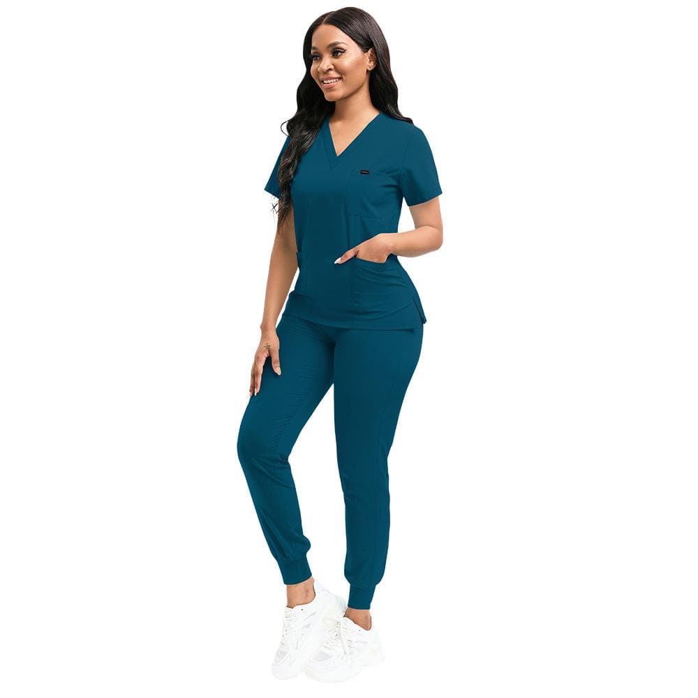 Stretch Scrubs Women Set Nursing Uniforms Clinical Scrubs Set Nurse Doctor Dustproof Workwear Medical Scrubs Top+ Jogger Pants 2XL