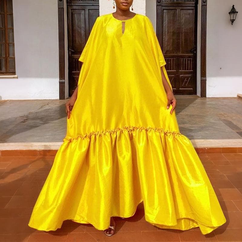 Plus Size Women O Neck Batwing Sleeve Ruffled Loose Party Maxi Long Dress M yellow